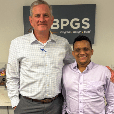 UD Professor Ashish Asutosh to bridge the gap between classroom theory and real-world commercial construction during partnership with BPGS Construction seen with John Groth of BPGS Construction