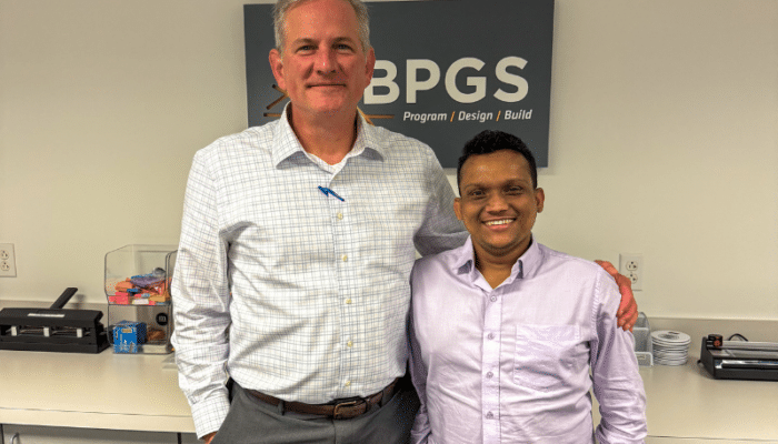 UD Professor Ashish Asutosh to bridge the gap between classroom theory and real-world commercial construction during partnership with BPGS Construction seen with John Groth of BPGS Construction