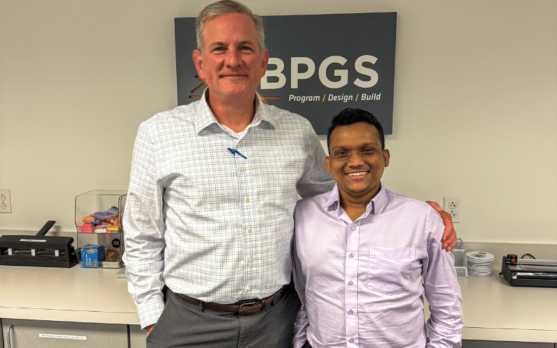 UD Professor Ashish Asutosh to bridge the gap between classroom theory and real-world commercial construction during partnership with BPGS Construction seen with John Groth of BPGS Construction